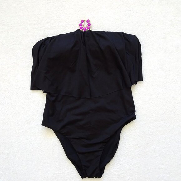 Trina Turk One Piece Swim Suit Size 4 Black Bijou Ruffle Overlay - Picture 1 of 7